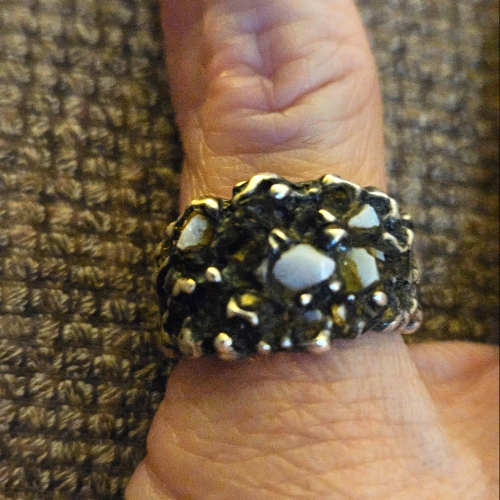 BRUTALIST STERLING VTG GEM 💎 SUCH A COOL RING!4/5 RANDOM WHT.STONE CHIPS.HEAVY!